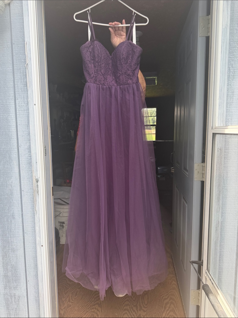 Azazie Plum Lace Bodice Tulle Gown